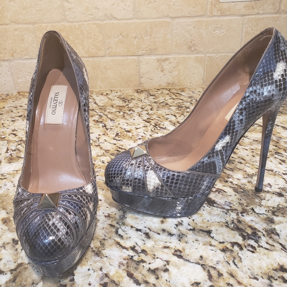 Valentino Garavani Blue, Black and Gray Snakeskin Rockstud Heels